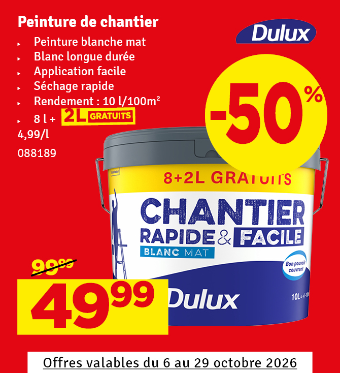 Peinture pour murs et plafonds Chantier Rapide & Facile blanc mat 8 L + 2 L GRATUIT DULUX